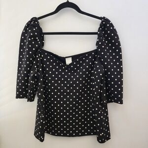 HM‎ Womens XL Polka Dot Puff Sleeve Sweetheart Neck Top Black White Knit Blouse